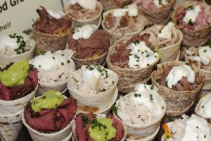 sliced pastrami, shredded chicken, shredded topside of beef, shredded pork, shredded ham hock